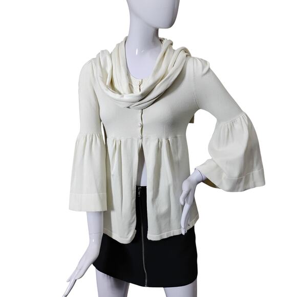 Zoe D. Fine Knit Blouse Size XS Beige Flared Sleeves Attached Scarf 5 Buttons - Picture 2 of 8